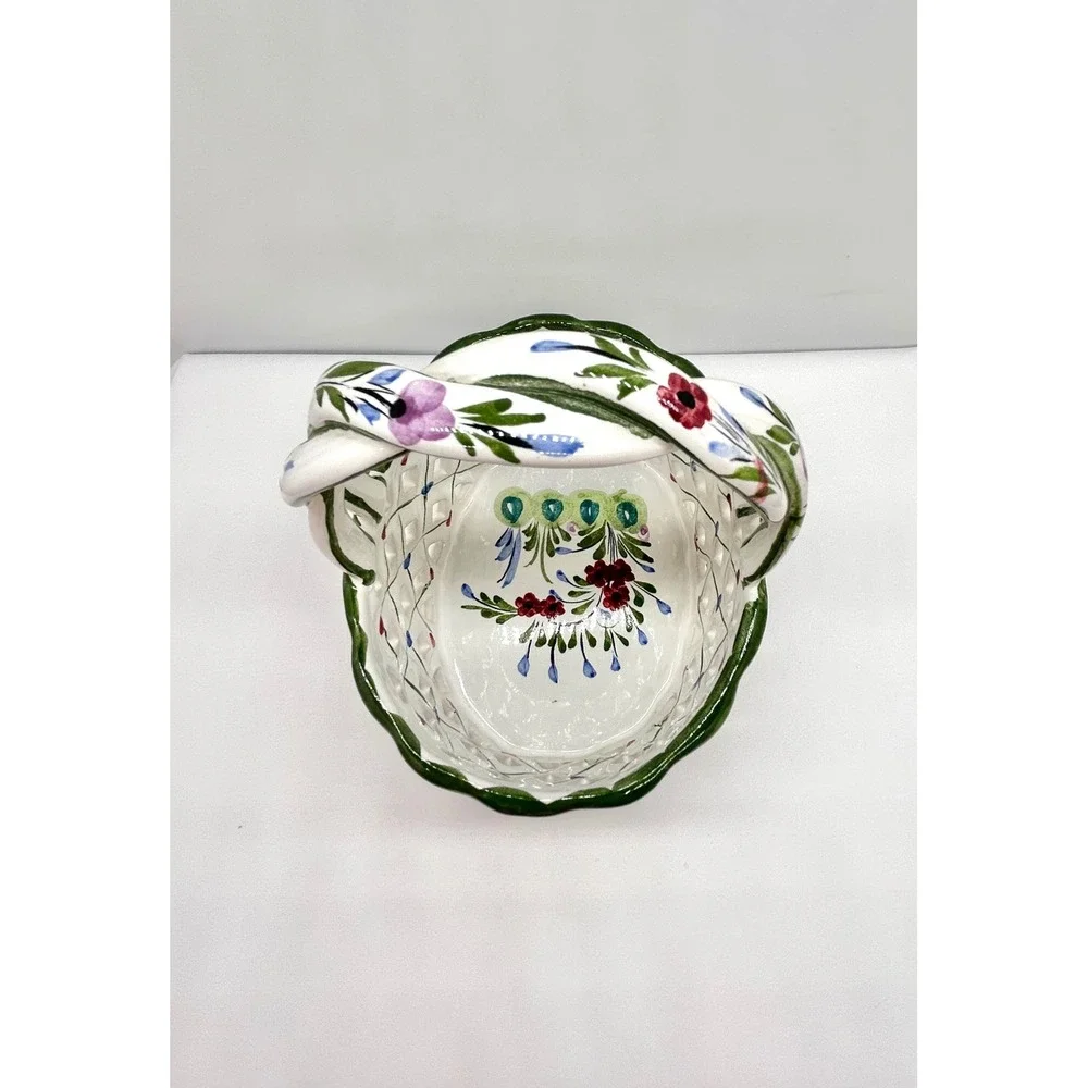 RCCL Hand Painted Portugal Ceramic Lattice Basket Floral Twisted Handle Floral